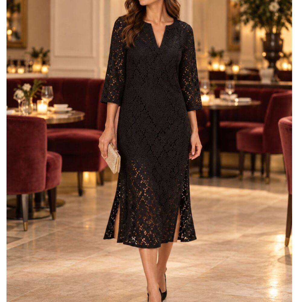 Tuckernuck NWT Jamie Black Floral Lace Midi Dress XS V Neck Caftan Romantic Chic